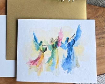 Set of 8 Contemporary Angels Christmas Cards, Optional Saying & Signature Inside Card, 5.5x4.25