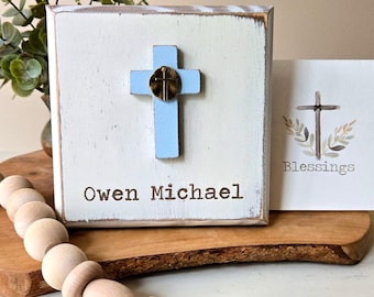 Personalized 5.5" Distressed Wood Plaque w/Raised Cross & Card, Optional Chime, Baptism / Communion Gift
