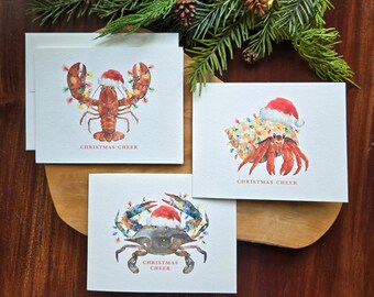 Sea Creature / Beach Theme Christmas Card Set of 6, Optional Saying & Signature Inside Card, 5.5 x 4.25"