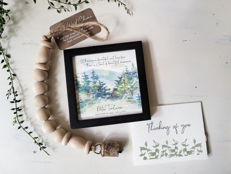 Personalizable Mountain Watercolor Memorial Painting (5.75"Framed) & Card, Optional Bell Chime, Sympathy Gift image 8