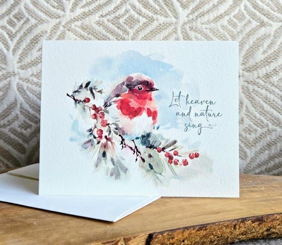 Winter Bird Christmas Cards Set of 8 - Optional Saying / Signature Inside Cards, 5.5x4.25"