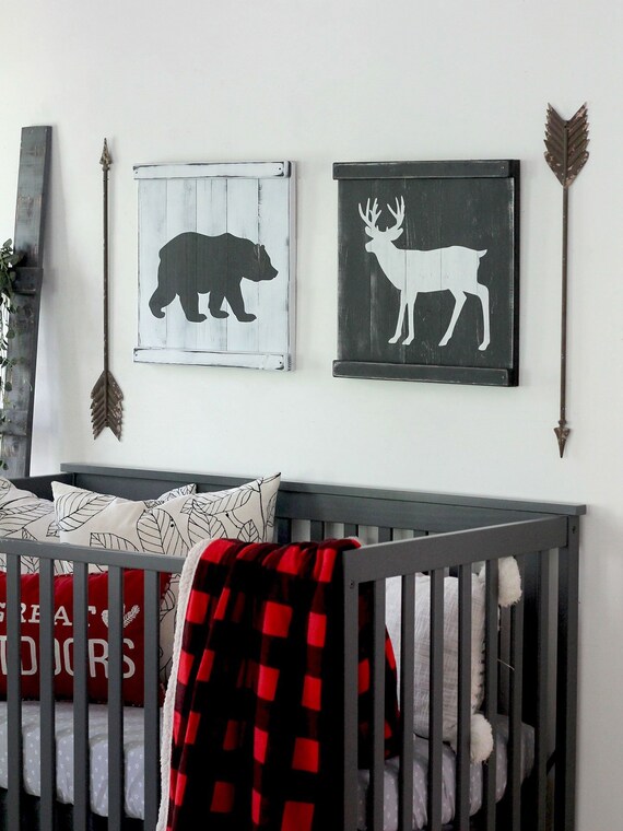 Woodland Animal Decor 2 Pc Set Large Animal Nursery Black White Nursery Rustic Woodland Nursery Boys Room Wall Decor Each 18 X 18