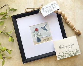 Hummingbird Personalizable Memorial Art:  5" Painting 11.5" Matted Frame, Personalized Card & Optional Chime