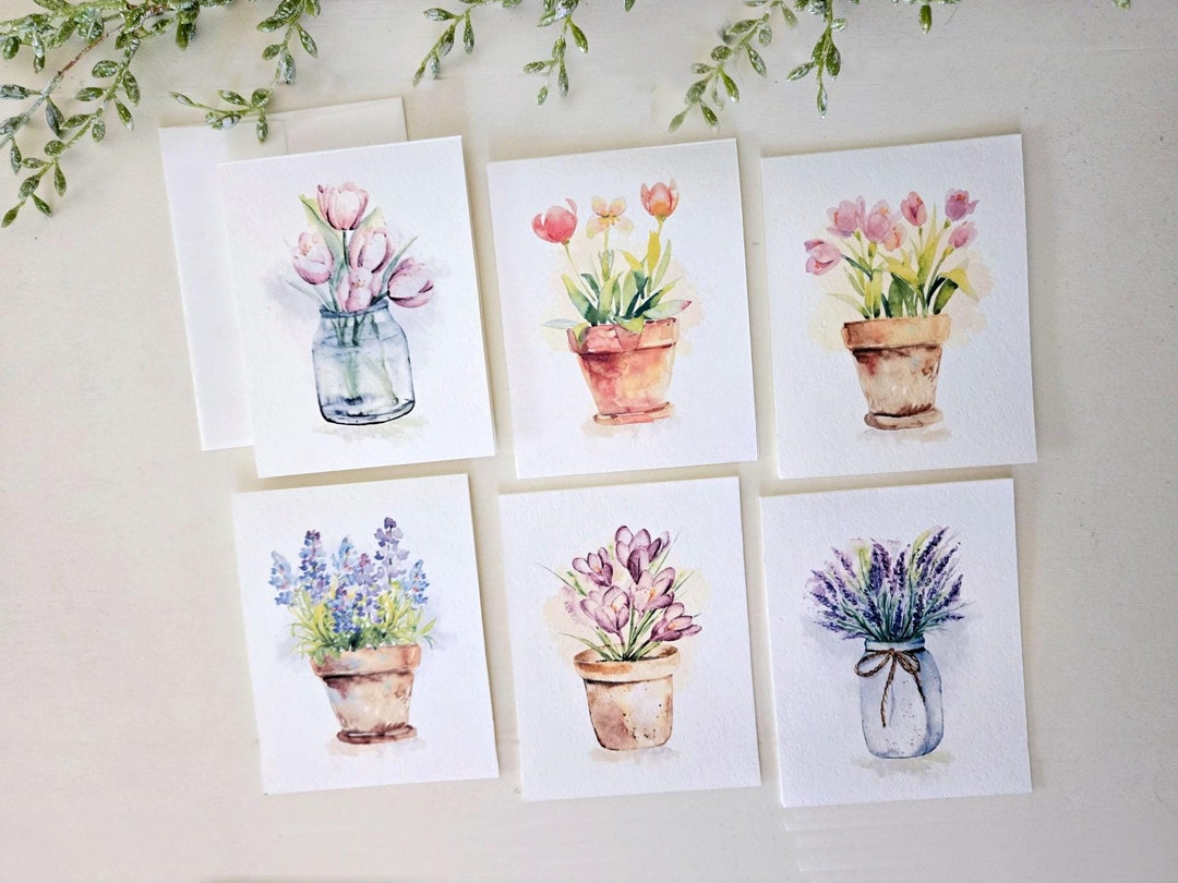 Watercolor Flowers Greeting Cards Set of 6, Optional Saying Inside ...