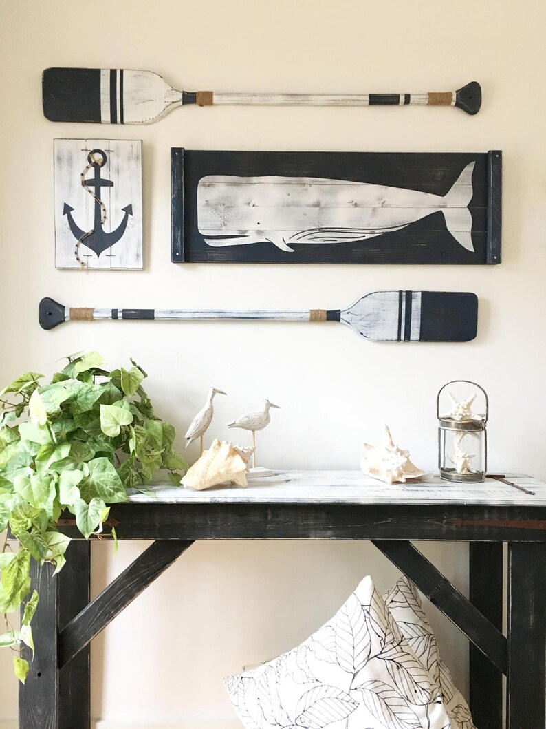 Large Nautical Art Set 4 Pc Set Rustic Beach House Decor Wood Nautical Decor Oar Decor Whale Decor Nautical Decor Nautical Nursery