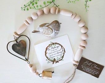 HEART chime + BIRD figurine gift set for sympathy memorial remembrance, Spinning heart chime + resin wood bird + personalized gift card