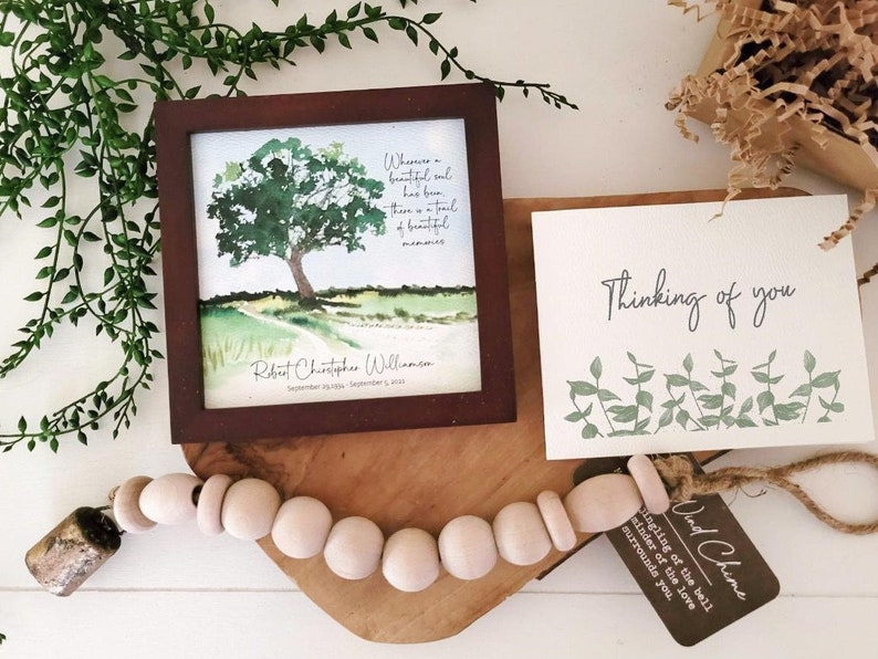 PERSONALIZED OAK TREE watercolor sympathy gift, memorial for loss of father grandfather brother, a trail of beautiful memories, 5.5 framed image 1