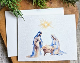 Nativity Holy Family Christmas Cards, Modern Contemporary Watercolor, Optional Saying & Signature Inside Cards, Set of 8, 5.5x4.25"