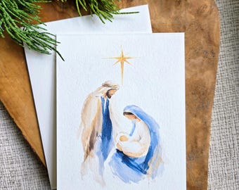 Holy Family Nativity Christmas Cards, Modern Contemporary Watercolor, Optional Saying & Signature Inside Cards, 8 pcs., 5.5x4.25"