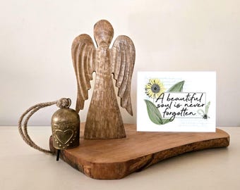Memorial Gift Set: Wood Angel Figurine, Mini Bell Chime & Personalized Card, (optional) necklace