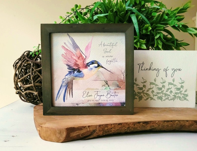 PERSONALIZED HUMMINGBIRD painting sympathy gift, memorial for loss of mother father parent grandparent, a beautiful soul, 5.5 framed image 1