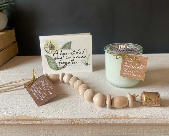 Sympathy Gift Set: 10oz Lavender Candle, 12" Mini Bell Chime, Personalized Card, 3pc Set