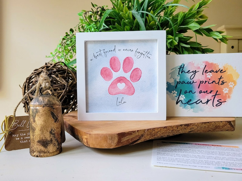 PET LOSS GIFT, Personalized loss of dog or cat memorial / sympathy gift: framed 5.5 painting gift card poem optional chime image 3