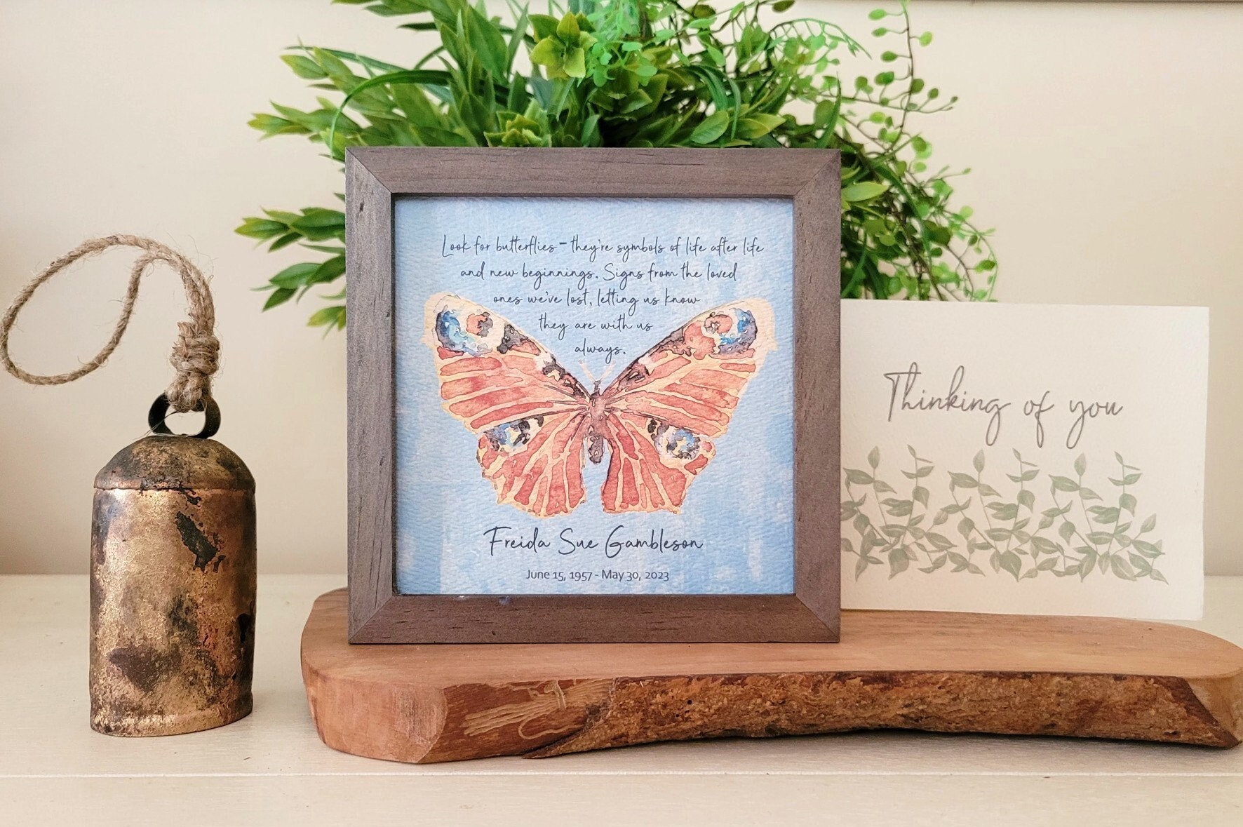 Personalizable Butterfly Memorial Art (5.75") & Card, Optional Bell Chime, Sympathy Gift, "Look for Butterflies"