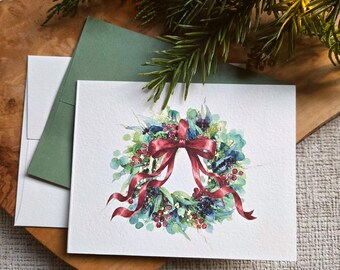 Eucalyptus Wreath Christmas Cards Set of 8 - Optional Saying / Signature Inside Cards, 5.5x4.25"