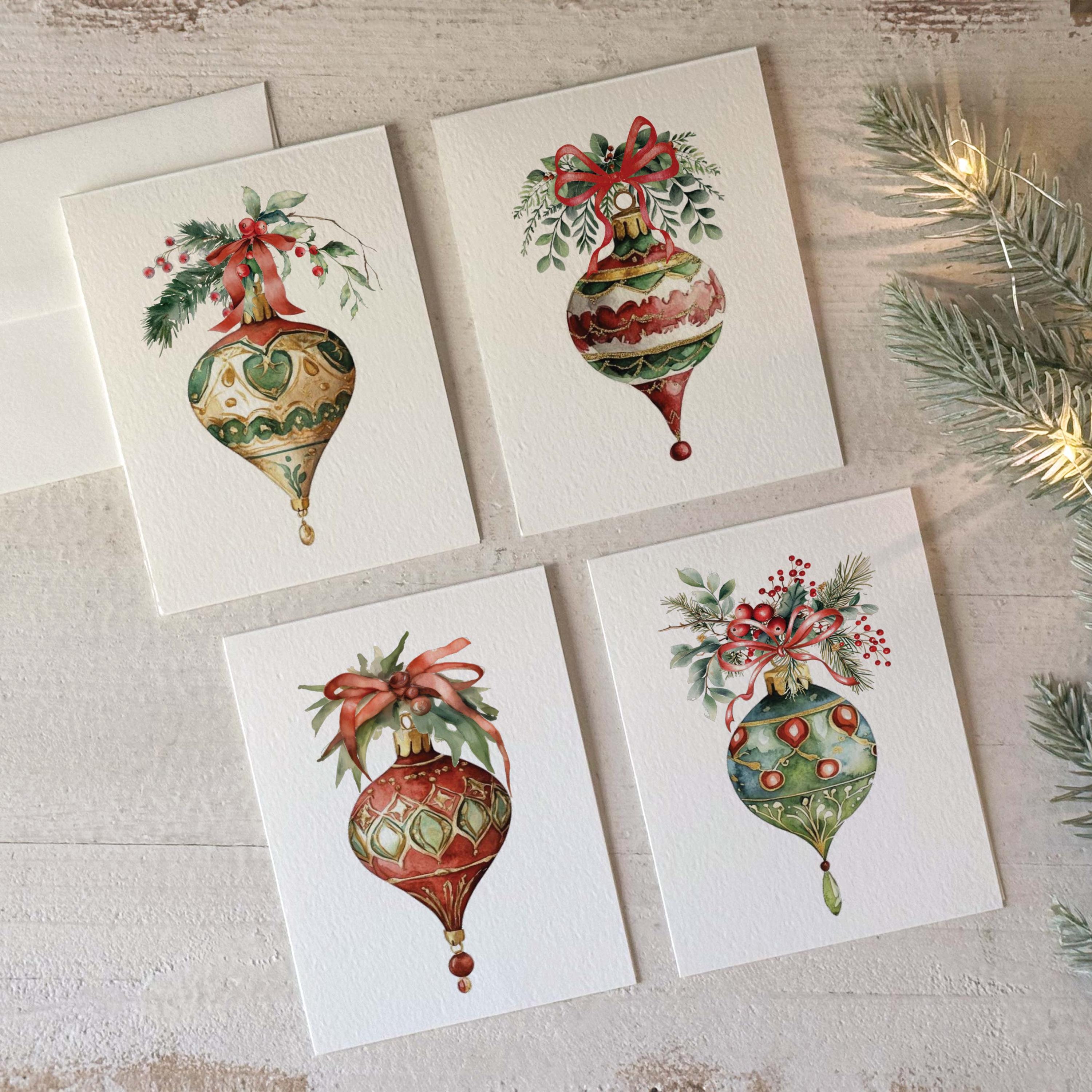 Set of 8 Holiday Ornament Christmas Cards, option to choose message and signature for inside of card, 5.5 x 4.25" size