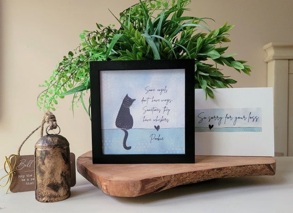 Personalized Cat Memorial Painting and Gift Card: framed 5.5" art, optional bell chime