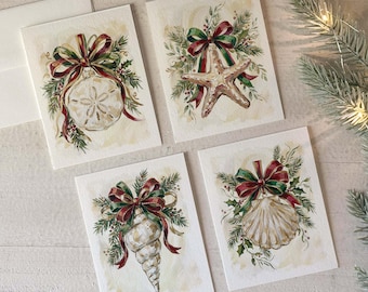 Sea Shell Christmas Cards (8pcs.) Beach / Costal Theme, Optional Saying & Signature Inside Cards, 5.5x4.25"