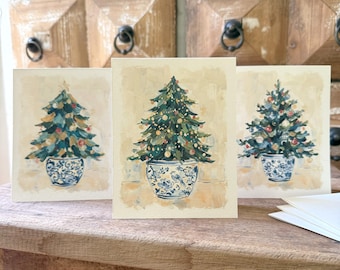 Christmas Tree Card Set in Blue / White Chinoiserie Style Pots, Option Saying & Signature, 5.5x4.25"