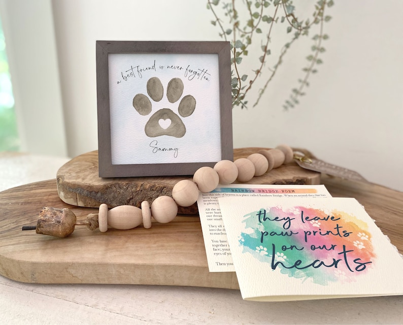 PET LOSS GIFT, Personalized loss of dog or cat memorial / sympathy gift: framed 5.5' painting + gift card + poem + optional chime 