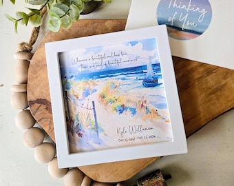Personalized Beach Watercolor Sympathy Gift: Coastal Memorial Art (5.75") & Card, Optional Bell Chime