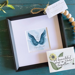 Personalizable Angel Wing Painting - "I am with you always", 5x5" art in 11x11" frame & Card, Optional Bell Chime