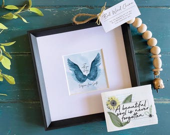 Personalizable Angel Wing Painting - "I am with you always", 5x5" art in 11x11" frame & Card, Optional Bell Chime