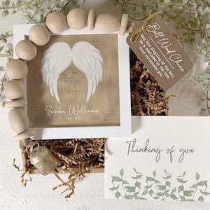 PERSONALIZED ANGEL WINGS painting sympathy gift, memorial loss of loved one, I am with you always, 5.5&quot; framed art + gift card + mini chime