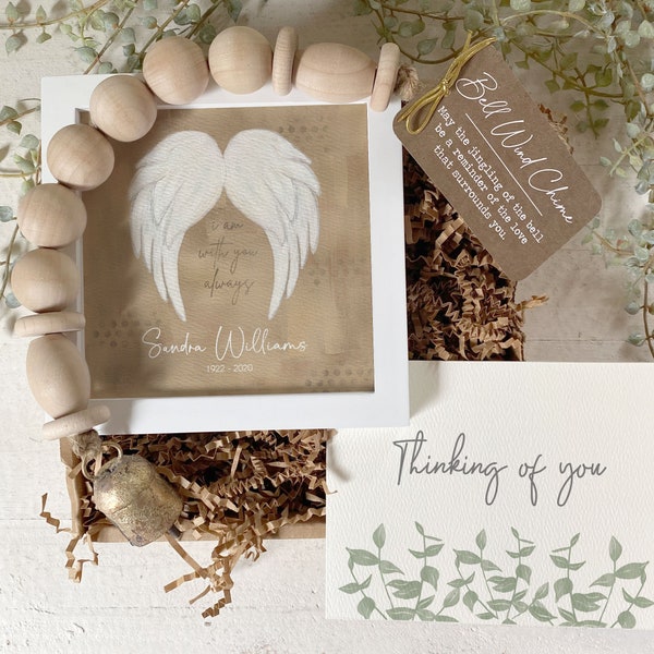PERSONALIZED ANGEL WINGS painting sympathy gift, memorial loss of loved one, I am with you always, 5.5" framed art + gift card + mini chime