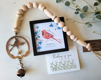 CARDINAL WIND CHIME + mini cardinal personalized watercolor painting sympathy gift set, when cardinals appear angels are near, gift card