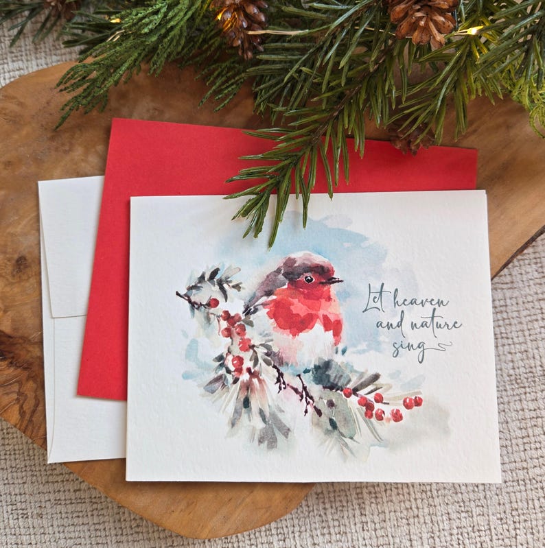 Winter Bird Christmas Cards Set of 8 - Optional Saying / Signature Inside Cards, 5.5x4.25" image 1