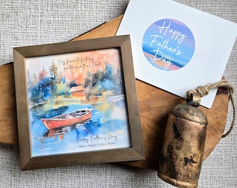 Personalizable Fishing/Lake Painting (5.75"Framed) + Card, Gift for Dad, Optional Chime