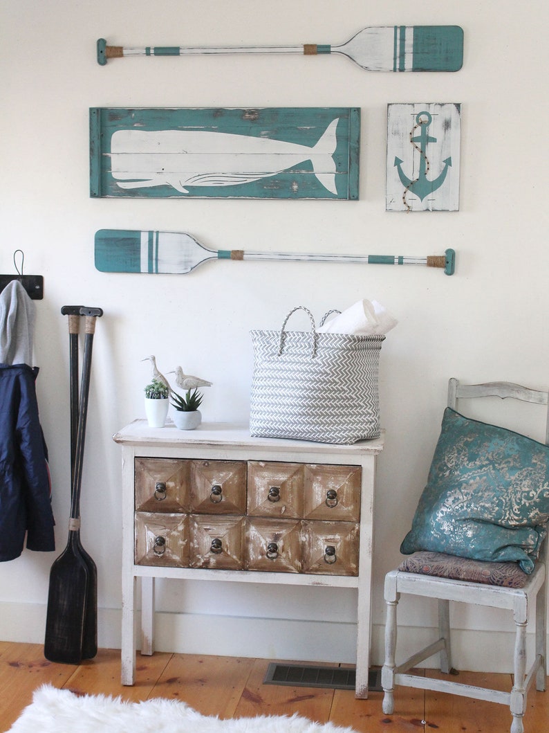 Large Nautical Art Set 4 Pc Set Rustic Beach House Decor Wood Nautical Decor Oar Decor Whale Decor Nautical Decor Nautical Nursery