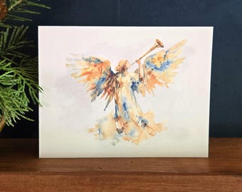 Set of 8 Watercolor Angel Christmas Cards, Optional Saying & Signature Inside Card, 5.5x4.25"