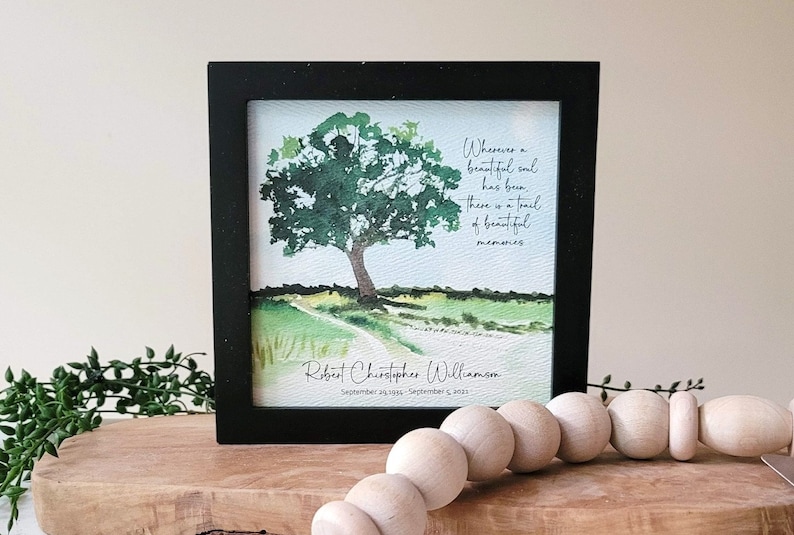 PERSONALIZED OAK TREE watercolor sympathy gift, memorial for loss of father grandfather brother, a trail of beautiful memories, 5.5 framed image 5