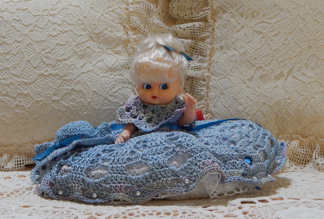 Bed Pillow Doll,blue Handmade Crochet Outfit,white Crochet Pillow