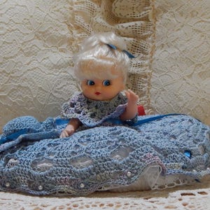 Bed Pillow Doll,blue handmade crochet outfit,white crochet pillow,beautiful craftwork,yarn doll, sweet face,b’room decor,girl/woman gift
