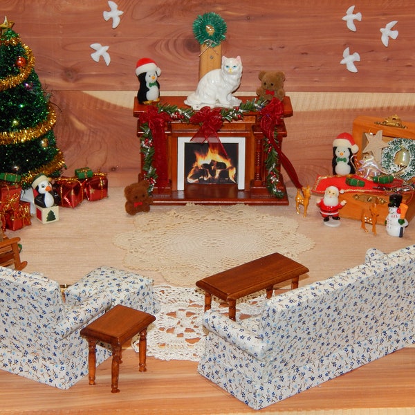 Christmas decoration, living room scene, warm fireplace setting, in a Red Cedar box, hand made, presents, nostalgic scene, country scene