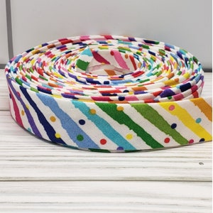 Rainbow stripe confetti 3+ yard rolls, 1/2" and 1" double fold bias tape, quilt binding fabric trim, face mask