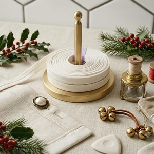 May include: A brass spool holder with a central rod holds a roll of cream-colored ribbon. Nearby are a glass and brass spool stand, a pearl-topped pin, a cluster of small brass bells on a leather cord, a small red thread spool, and holly sprigs.