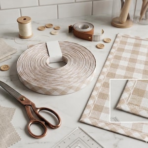 Beige woven gingham 3+ yard rolls, 1/2" double fold bias tape, quilt binding fabric trim, face mask