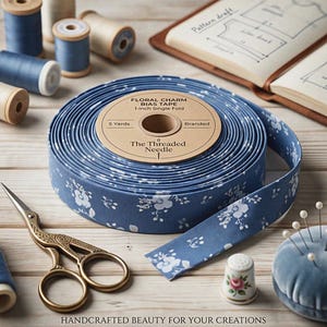 May include: A roll of blue floral bias tape, labeled "Floral Charm," sits on a wooden surface. The tape is 1-inch wide and contains 5 yards. Gold scissors, spools of thread, and a pin cushion are also visible, along with the text "Handcrafted beauty for your creations."