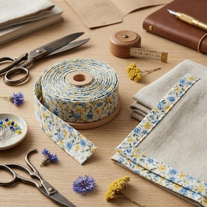 May include: A collection of sewing and crafting supplies on a wooden surface. Includes a spool of floral patterned ribbon, scissors, measuring tape, pins, and a notebook. The ribbon features blue and yellow flowers.
