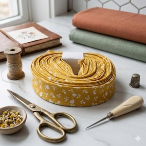 May include: A collection of sewing supplies, including a spool of thread, scissors, a thimble, and a yellow floral fabric roll. Two folded fabric pieces in orange and green are stacked in the background. A small bowl of dried flowers and a leather-bound book are also present.
