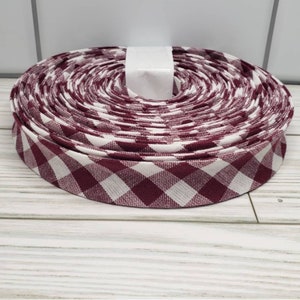 Burgundy woven gingham 3+ yard rolls, 1/2" and 1" double fold bias tape, quilt binding fabric trim, face mask