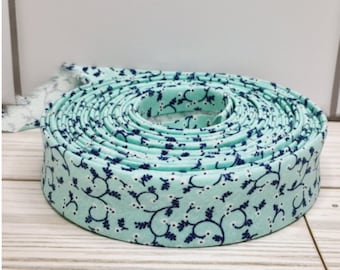 Aqua navy small floral, 3+ yard rolls, 1/2" double fold bias tape, quilt binding fabric trim, face mask, sewing supplies