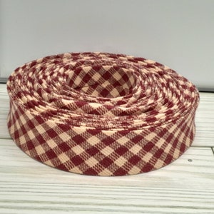Burgundy and tan woven gingham 3+ yard rolls, 1/2" double fold bias tape, quilt binding fabric trim, face mask, sewing supplies