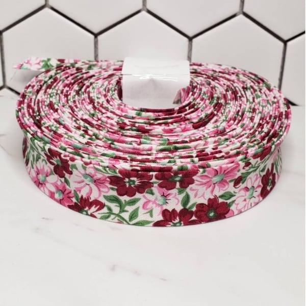 BURGUNDY flower patch, 1/2" double fold bias tape, quilt binding, 3+ yard rolls, sewing supplies