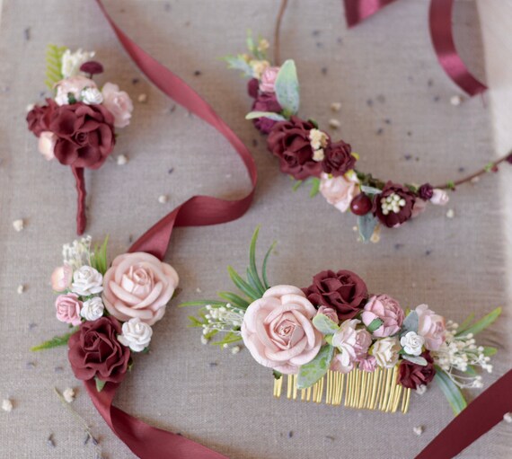 Burgundy Set Or 3 Accessories Flower Hair Comb Flower Wrist Etsy