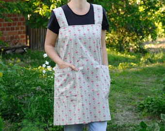 Cotton apron with pockets garden apron women flamingo fabric Hostess Gift for Housewarming gift Square Cross back Apron pinafore Japanese